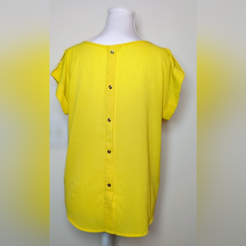 Chocolate Yellow Short Sleeve Blouse Button Back Large - Picture 5 of 8